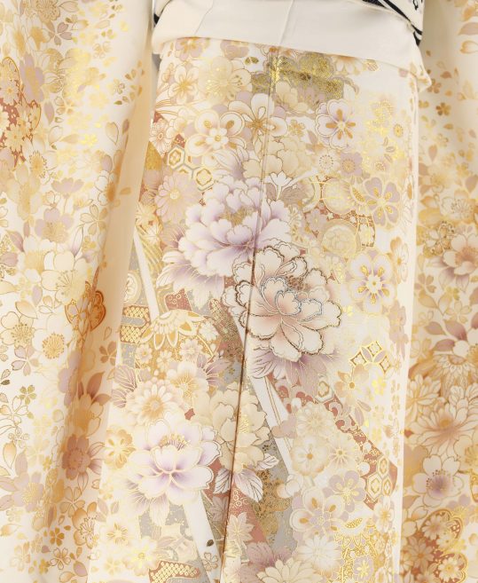 参列振袖[キレイ系]白にベージュゴールド藤色の花と毬[身長170cmまで]No.1099